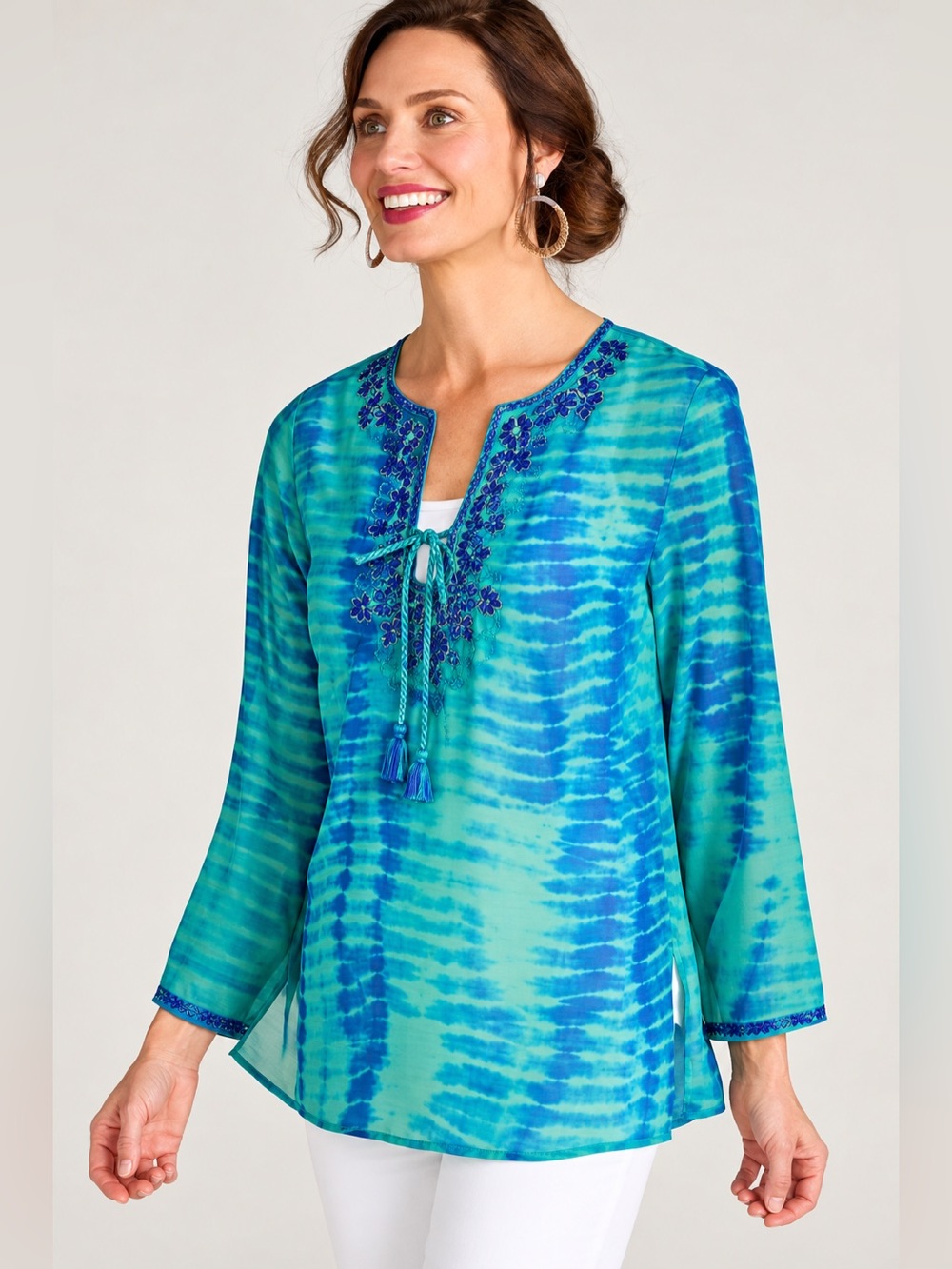 Soft Surroundings Cenote Tie-Dye sheer beaded Tunic Top size 3X